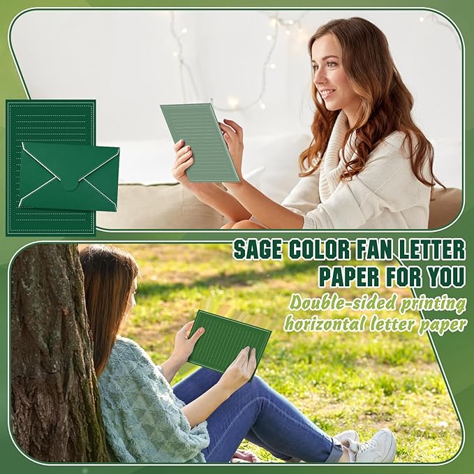 TaoBary 160 Packs Stationery Paper Set (50 Double Sided Stationery Writing Papers 50 Matching Envelopes) 60 Round Dot Sticker, 10 Design (5.5 x 8.25 Inch,Sage Green Color)