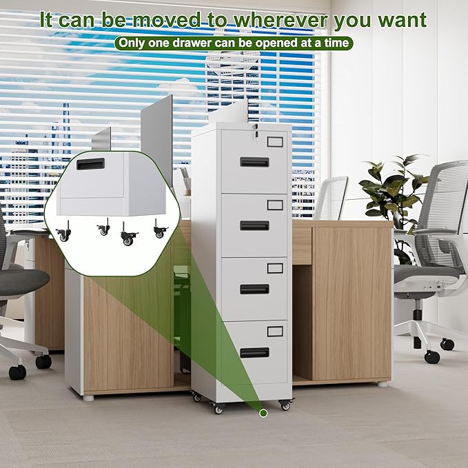 Aobabo File Cabinet 4 Drawer with Wheels, Lockable Office Metal Filing Cabinet with Name Card for Office and Home,Required Assembly,White