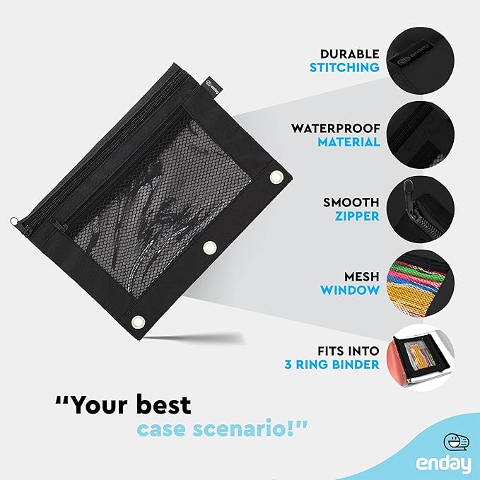 Enday Black Pencil Pouch For 3 Ring Binder, Zippered Binder Pencil Pouches, 3 Ring Pencil Pouch for Binder, Pencil Case for Binder, Large Pencil Bags for School, Home, and Office