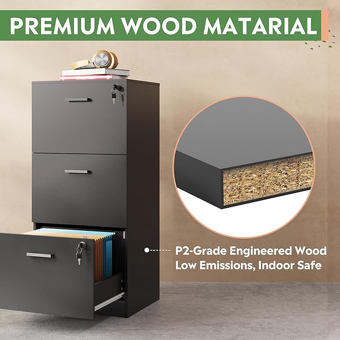 DEVAISE 3 Drawer File Cabinet with Lock, Vertical Wood Filing Cabinet for Home Office, Printer Stand for Letter and A4 Size, Black