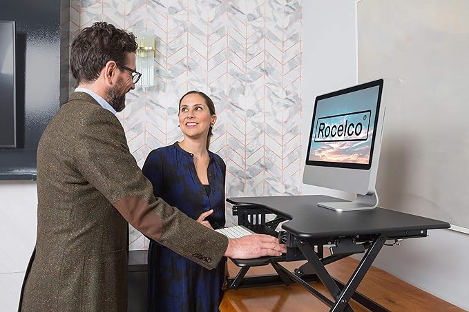 Rocelco 32" Height Adjustable Standing Desk Converter - Sit Stand Computer Workstation Riser - Dual Monitor Retractable Keyboard Tray Gas Spring Assist - Black (R EADRB2)