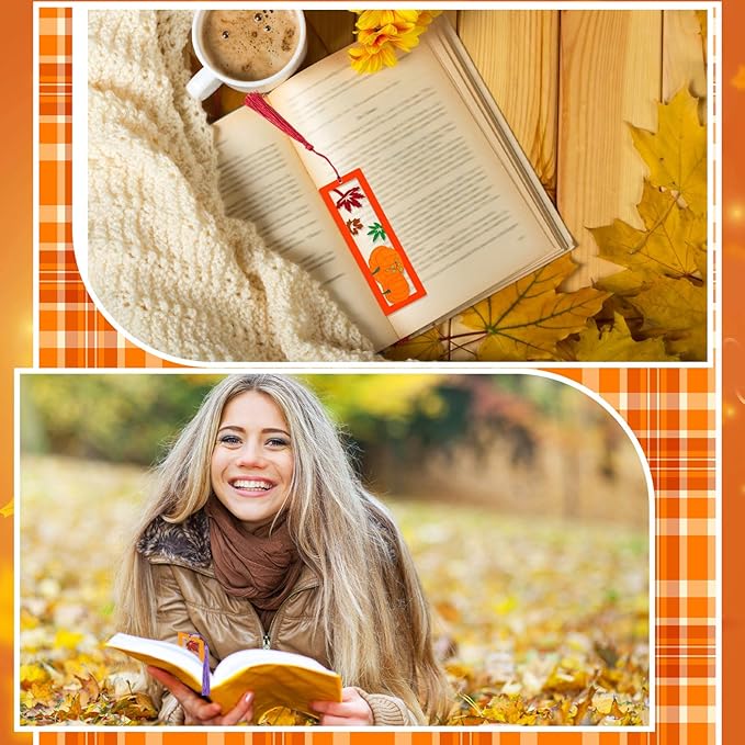 Yexiya 200 Pcs Fall DIY Wood Bookmarks Kit Unfinished Color Your Own Hollow with Tassel 100 Set Autumn School Art Craft Turkey Pumpkins Supplies for Students Classroom Thanksgiving Reward Fillers