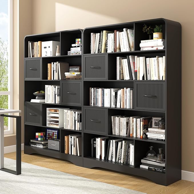 70" Tall Book Shelf and Bookcase, Tall Bookshelf with Storage, 48" Wide Modern Bookcase with Drawers Adjustable 3 Bins Storage, Large Bookshelf Wood 13" Deep Display Shelves for Living Room, Black