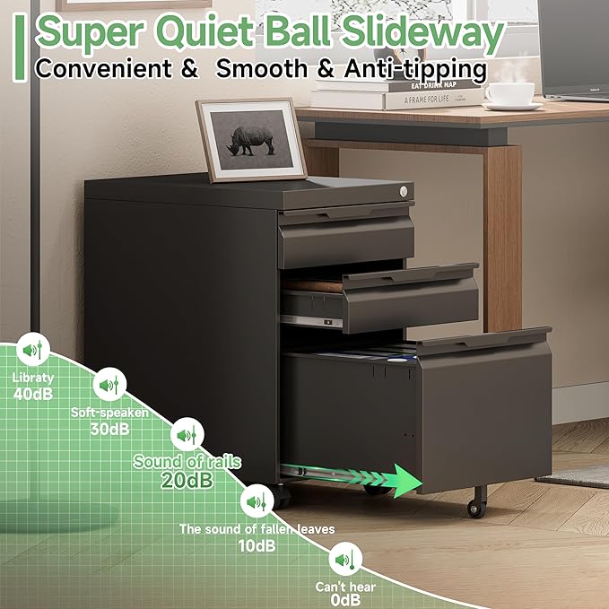 3 Drawer Mobile File Cabinet with Lock,Under Desk Metal Filing Cabinets with Wheels for Home Office Organizer Letters/Legal/A4(Easy Assemble-Black)