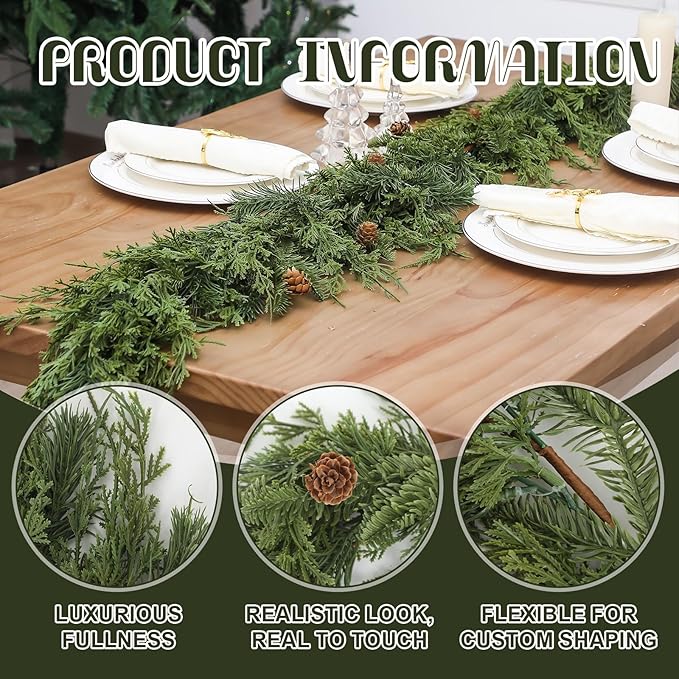 1 Pcs 6 ft Christmas Cedar Garland Greenery Realistic Cedar Pine Needles Garland Artificial Decoration for Table, Mantel, Wall, Home Winter Holiday Party Decor
