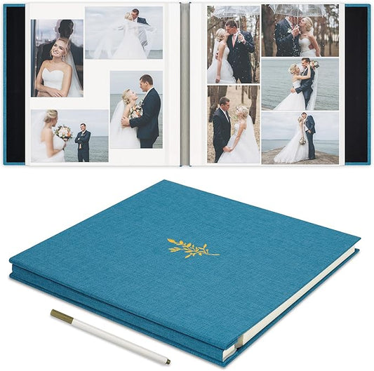 Self Adhesive Photo Album, Sky Blue Scrapbook Album with DIY 60 Blank Pages, Wedding Photo Album with A Metallic Pen for 4x6 5x7 2x3 Pictures, 10.6"x11"