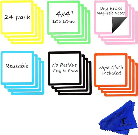 Dry Erase Magnets Set - 24 Pack - 4x4 in Whiteboard Magnetic Notes Planning Pads Labels - Small White Board Magnet Strips Name Tags for Home, Office and Classroom