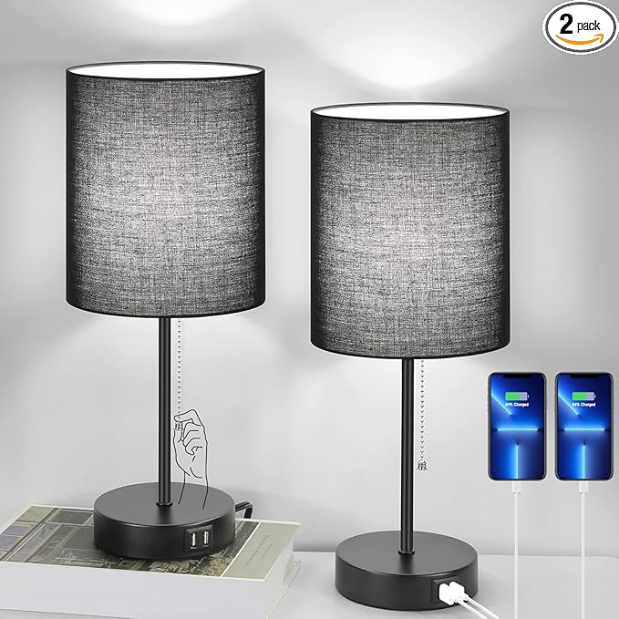 Table Lamps Set of 2 with USB Charging Ports, Black Bedside Lamps with AC Outlet, Nightstand Lamps with Pull Chain Switch, Minimalist Modern Desk Lamps with Fabric Shade for Living Room Bedroom Office