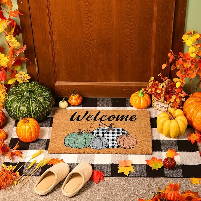 2 Pcs Thanksgiving Coir Doormat Outdoor Fall Pumpkin Welcome Outdoor Rugs for Layered Buffalo Black White Plaid Mats for Autumn Fall Front Door Porch Entryway Decor