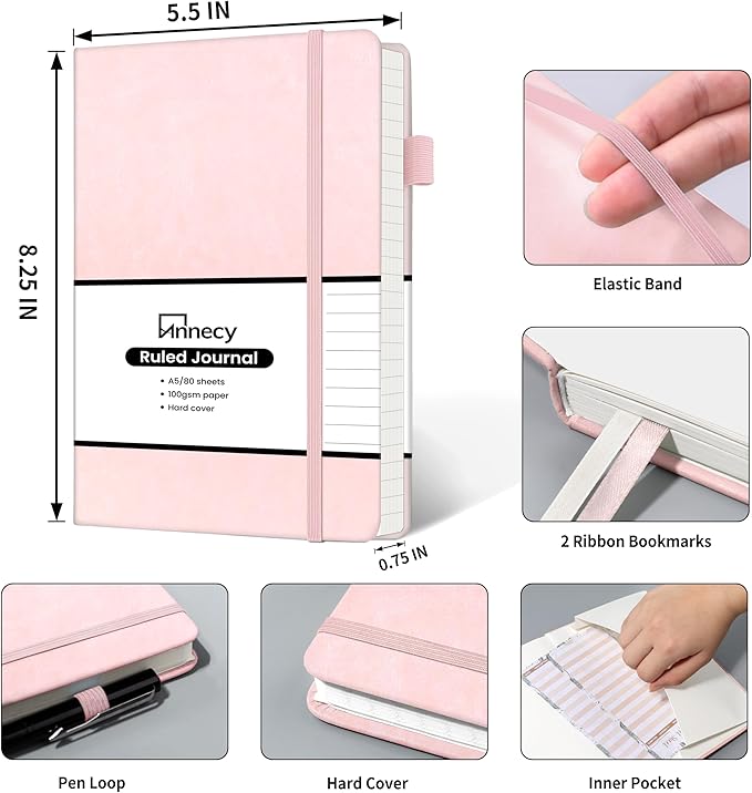 Annecy Lined Journal Notebook, Hardcover Leather Journal for Women & Men, 160 Numbered Pages, Medium 5.5" x 8.25", 100 GSM Thick Paper, Pink