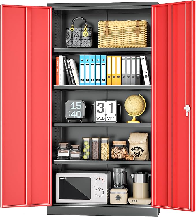 INTERGREAT Garage Storage Cabinet with Lockable Door, 72" H Metal Locking Cabinets with 4 Adjustable Shelves,Black Red Steel Cabinets Storage for Home Office, Warehouse，School