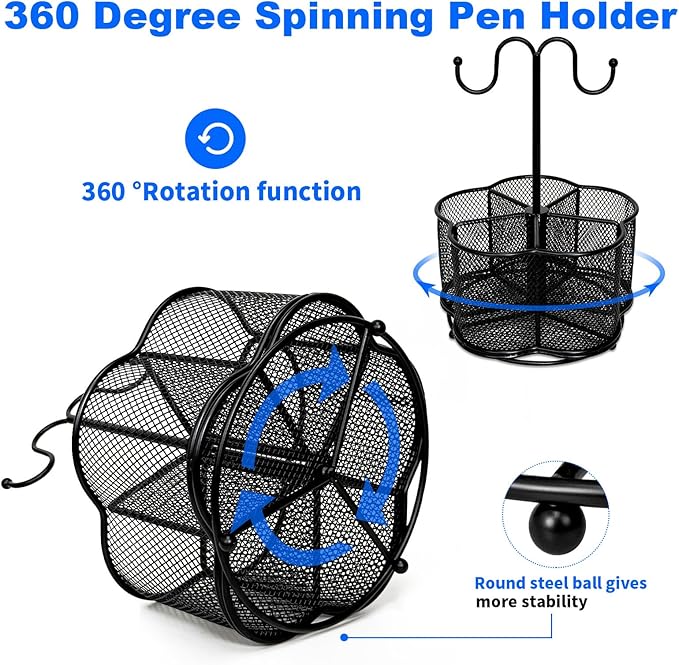 360 Degree Rotate Pen Holder for Desk Mesh Desk Pen Organizer Pencil Holder Large Capacity Accessories & Workspace Organizers for School,Home (Black, With hook)