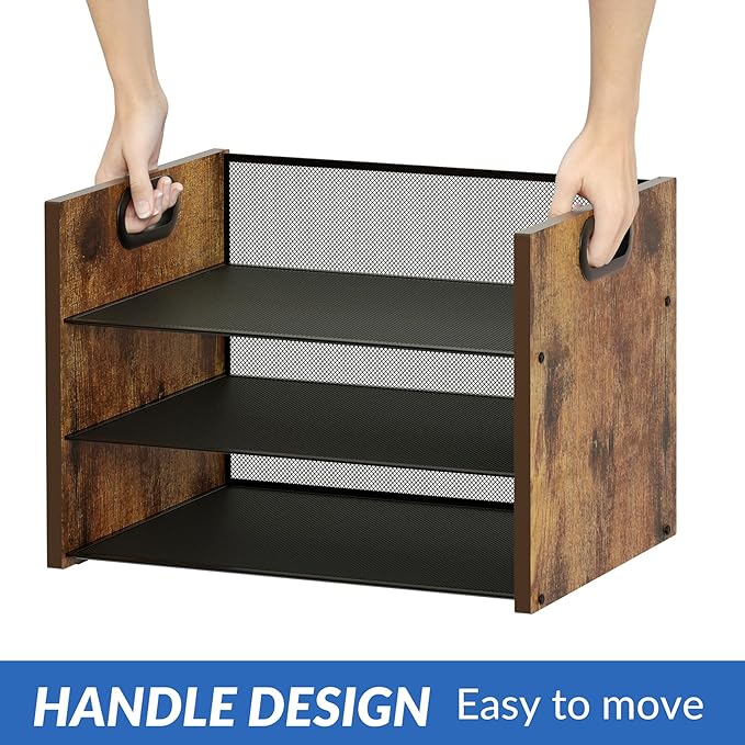3 Tier Wood Paper Organizer for Desk, Metal Office Organizer and Accessories with Handle, Mesh File Holder for Desk, File Cabinets for Home Office, School