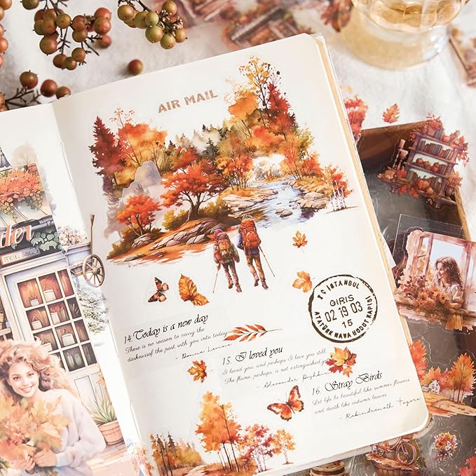 Snycler 20 Sheets PET Stickers - Vintage Journaling, Scrapbooking Supplies, DIY Craft Stickers for Junk Journals, Ephemera Sticker Book, Seasonal Themes (Autumn), Pre-Cut Designs
