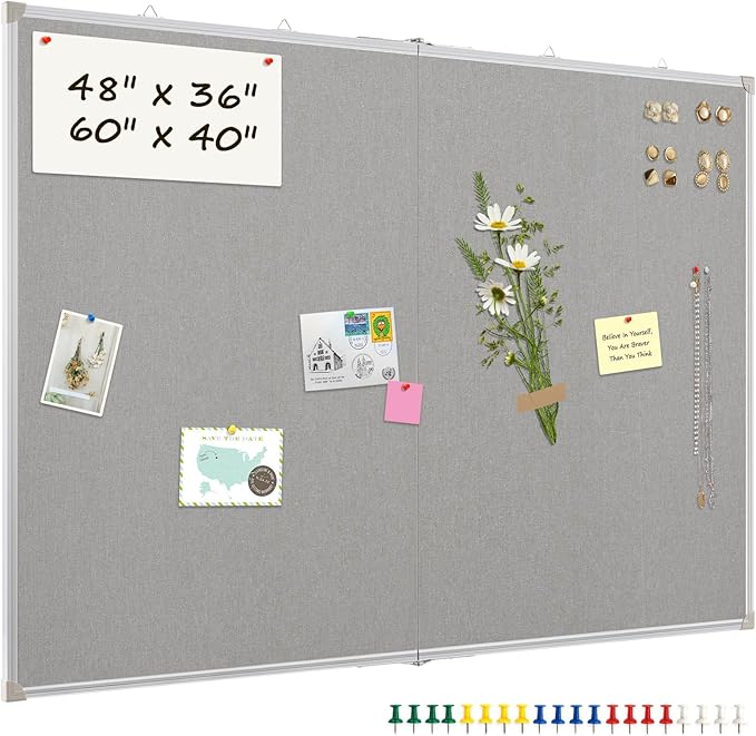 Double-Sided Large Cork Board with Linen, 48" x 36" Foldable Hanging Aluminum Framed Bulletin Board, Vision Board Pin Board Corkboards for Walls, Office, School Decor, 20 Pushpins