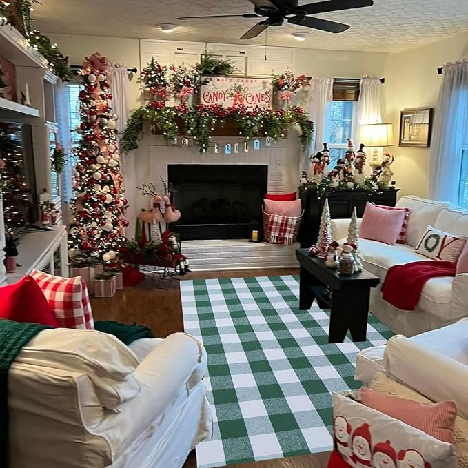 Green & White Christmas Plaid Rug, 4' x 6' Check Indoor/Outdoor Area Rug, Hello/Welcome Door Mat Layering Rug, Machine Washable Cotton Woven Rugs for Farmhouse Front Porch, Entryway