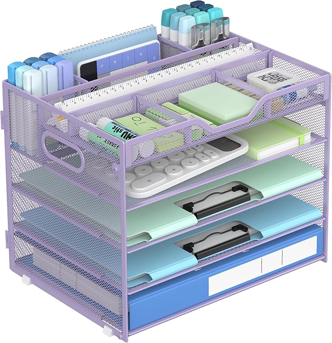 Docnest 5 Tier Mesh Desk Organizer- Letter Tray with Adjustable Compartments, Mesh Desktop Storage Built in Pen Holder and Handles, Desk Organizer Tray for Mail Documents Office Supplies–Purple