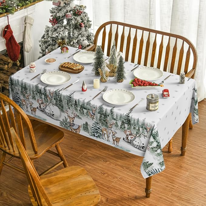Horaldaily Christmas Tablecloth 60×104 Inch Rectangular, Deers Snowman Trees White Washable Table Cover for Party Picnic Dinner Decor