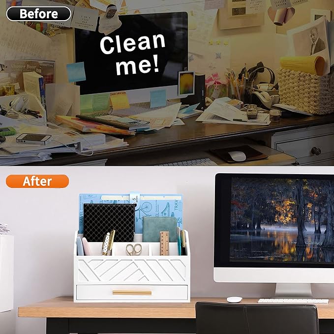 white Wood Desk Organizer and Accessories with Drawer, Bill Mail Organizer and File Mail Holder for Office Supplies, Modern Desk Accessories & Workspace Organizers for Desk Organization