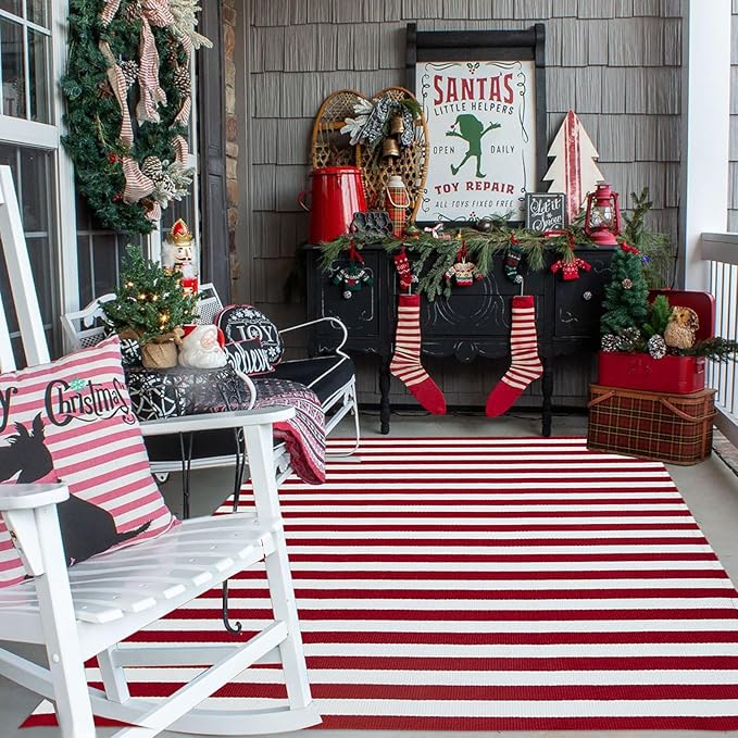 Christmas Outdoor mat Red and White Striped Outdoor Rug Front Porch Rug,Christmas Home Decor, Layerd Welcome Doormat for Front Porch Decor, Front Door, Farmhouse Decor (Red and White, 4' x 6')