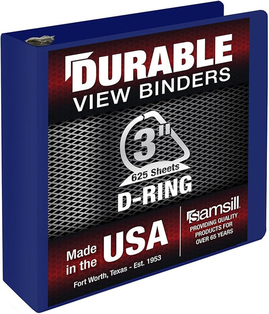 Samsill Durable 3 Inch Binder, Made in The USA, D Ring Binder, Customizable Clear View Cover, Dark Blue, Holds 625 Pages
