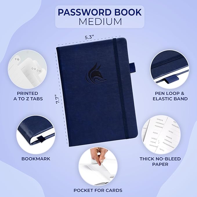 Clever Fox Password Book with alphabetical tabs. Internet Address Organizer Logbook. Medium Password Keeper for Website Logins (Dark Blue)