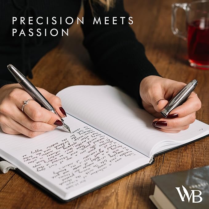 Wordsworth & Black Majesti Fountain Pen-(Black Checked), Luxury Case, Stainless Steel; Medium Nib- Ink Cartridges, Refillable Ink Converter-Calligraphy Pen-Best Business Gift Set for Men & Women