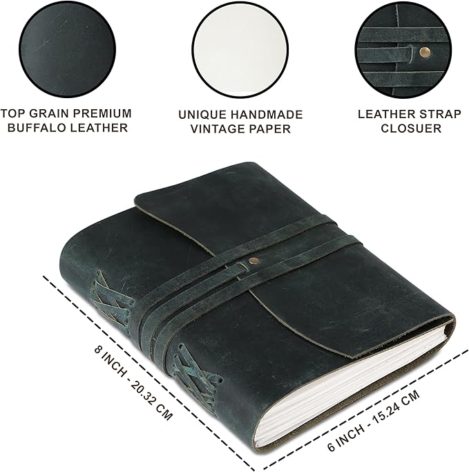 Handmade Leather Journal 7x5 Inch | Blue Vintage Notebook with Unlined Blank Paper | Antique Travel Diary, Writing Sketchbook for Men & Women