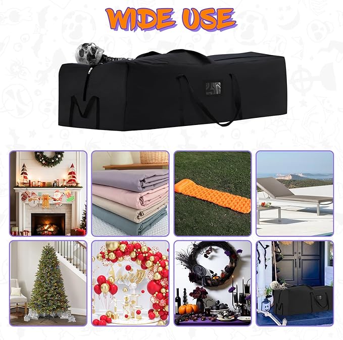 Halloween Storage Bag, Fits Up 12 Ft Skeleton-Heavy Duty Holiday Storage Box with Durable Reinforced Handles & Zipper & Pocket- 600D Oxford Christmas Tree Storage Container, Black