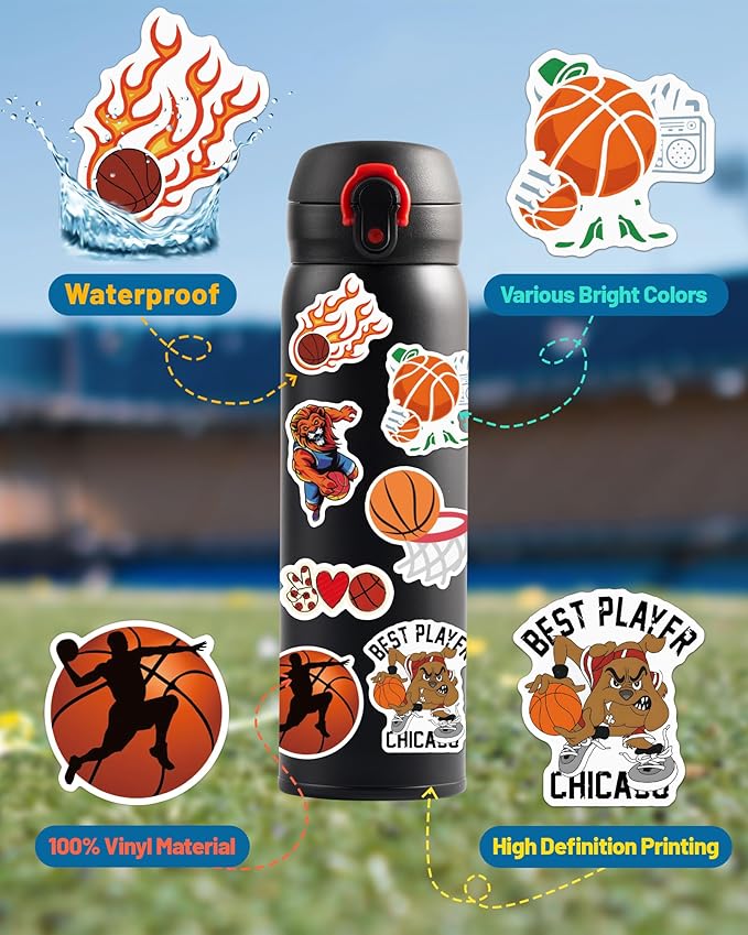 100 Pcs Sport Stickers for Kids, Basketball Water Bottle Stickers, Vinyl Waterproof Laptop Sticker for Water Bottle, Bulk Sticker Packs for Boys Kids Classroom Prizes for Elementary Students