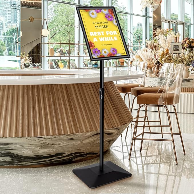 8.5"x11" Pedestal Poster Holder Stand with Heavy Duty Solid Steel Base, Adjustable Floor Standing Sign Holder for Vertical and Horizontal View, Super Stable Display, Black
