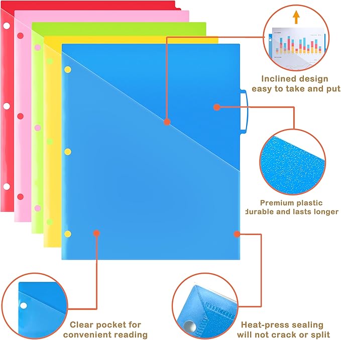 Plastic 5-Tab Dividers with Clear Front Pockets -1 Set, Pocket Dividers for 3-Ring Binders, Multi-Color Binder Dividers