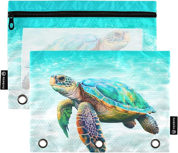 Sea Turtle Pencil Pouch for 3 Ring Binder, 2 Pack Waterproof Pencil Bags Clear Window Zipper School Office Supplies