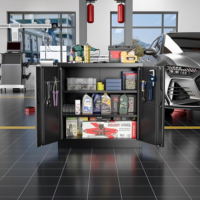 Aobabo 31.5" H Small Garage Storage Cabinet with Pegboard,Lockable File Storage Cabinet with 2 Adjustable Shelves for Garage, Office, School, Assembly Require, Black