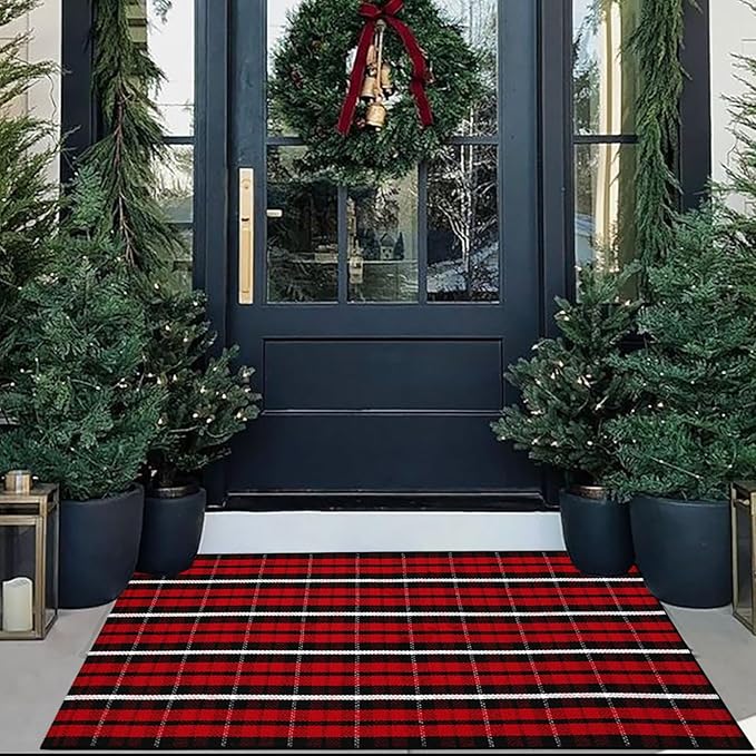 Buffalo Plaid Outdoor Rug Christmas Door Mat Christmas Decor Welcome Rug Cotton Hand-Woven Layered Door Mats for Front Porch, Kitchen, Farmhouse, Entryway (27.5"x43", Red/Black/White)