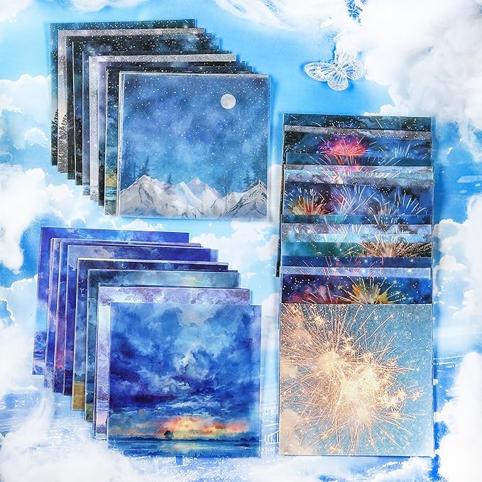 Sky-Themed Scrapbook Paper Set, 120PCS Dual-Material Ephemera for Junk Journaling, Scrapbooking, DIY Crafts, and Art Supplies