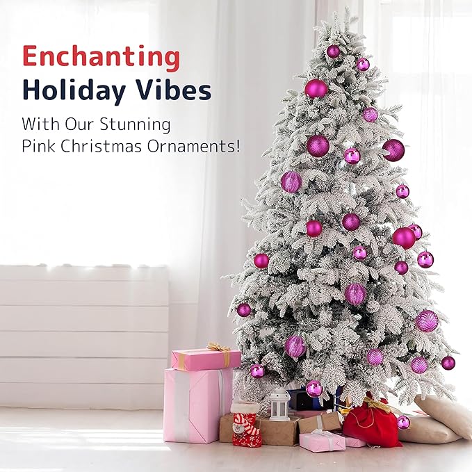 Prextex 36-Pieces Fuchsia Pink Christmas Ornaments Set - Shatterproof, Festive Christmas Balls Decorations in 3 Sizes and 6 Styles with Hanging Loops for Tree, Wreath, and Dazzling Holiday Party Decor
