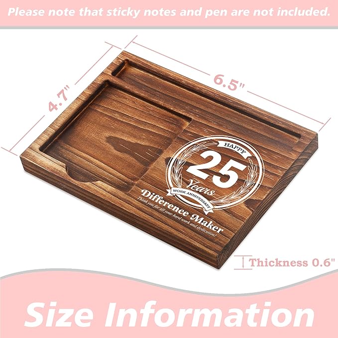 25th Work Anniversary Sticky Note Holder Wooden Notepad & Pen Holder 6.5" x 4.7" Sticky Note Pad Holder Dispenser for Desk Difference Maker Work Appreciation Gifts, NPA231