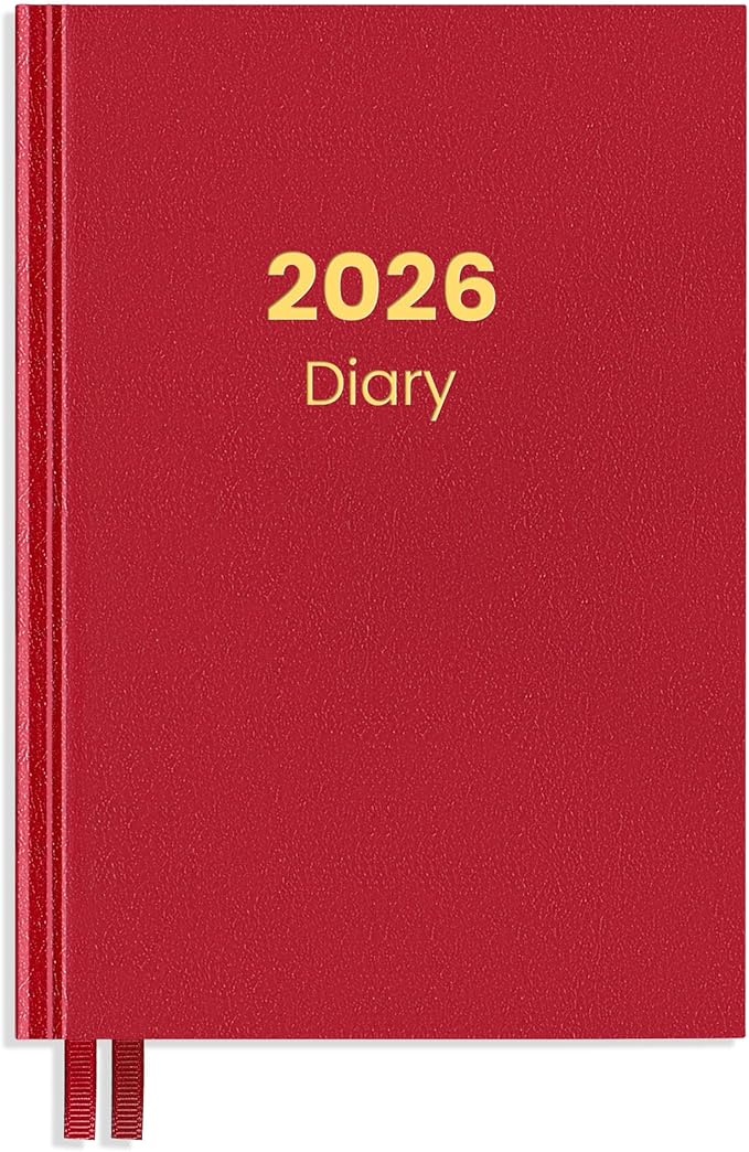 SUNEE 2026 Diary Journal Hardcover - Daily Planner Organizer for Work & School - Daily Page Layout with Holidays, Notes, Contacts - Agenda for Women & Men, Red