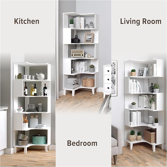 Prepac Nordik 6-Tier White Modern Mid Century Corner Bookcase, 71.5" Extra Tall White Corner Shelf with Storage, Multifunctional Freestanding Bookshelf for Home Office, Living Room, Bedroom