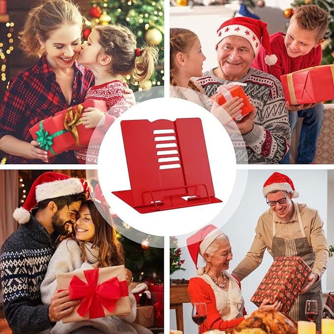 MSDADA Desk Book Stand Metal Reading Rest Book Holder Adjustable Cookbook Documents Holder Portable Sturdy Bookstands for Recipes Textbooks Tablet Music Books with Page Clips (Red)