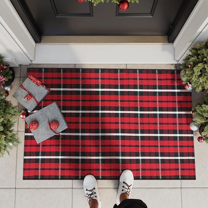 Christmas Door Mat Outdoor 27.5"x43", Red/Black Buffalo Plaid Front Door Rug Cotton Hand-Woven Washable Layered Door Mats,Reversible Checkered Throw Rugs for Porch Outside
