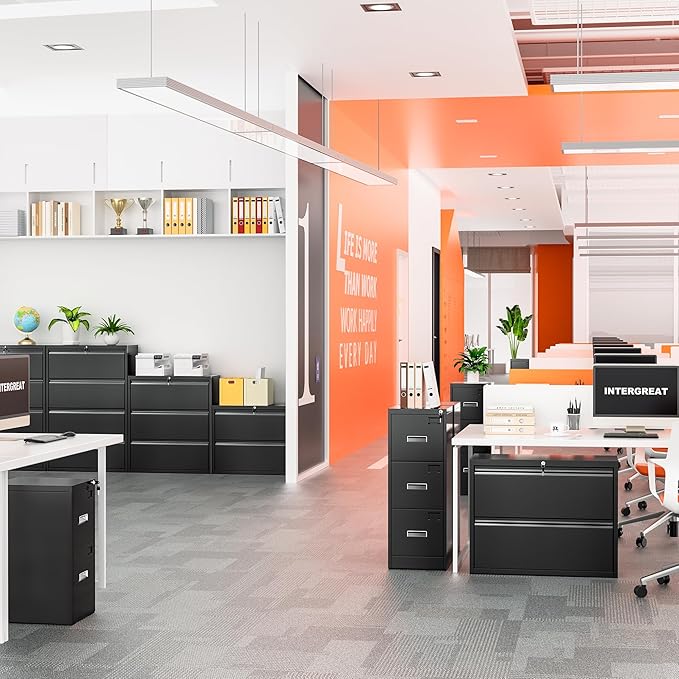 INTERGREAT 4 Drawer File Cabinet, Black Lateral File Cabinets with Lock, Metal Steel Wide Filing Cabinets for Home Office, Fast Assembly