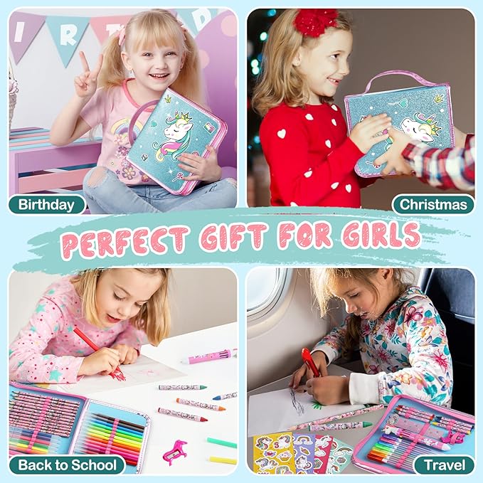 Unicorn Washable Markers Set with Glitter Pencil Case, Art Supplies for Kids Ages 4 5 6 7 8 9 10 Years Old, Arts Crafts Coloring Set with Crayon Pencil Gel Pen Stickers, Birthday Gifts for Girls 4-6-8