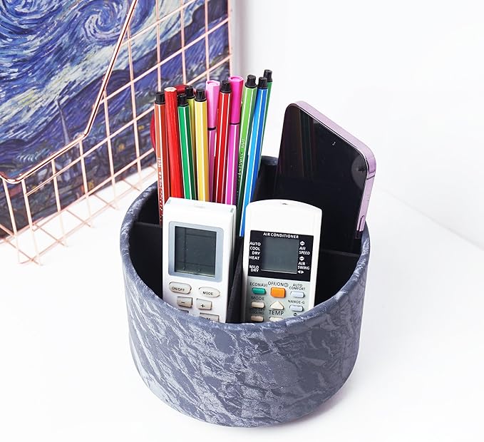 Hennaja Round Leather Art Supply Organizer,Remote Control Holder,360 Degree Spinning,Multi-Functional Pencil Holder,4 Compartments Desktop Stationary Organizer(1-Hill Blue)