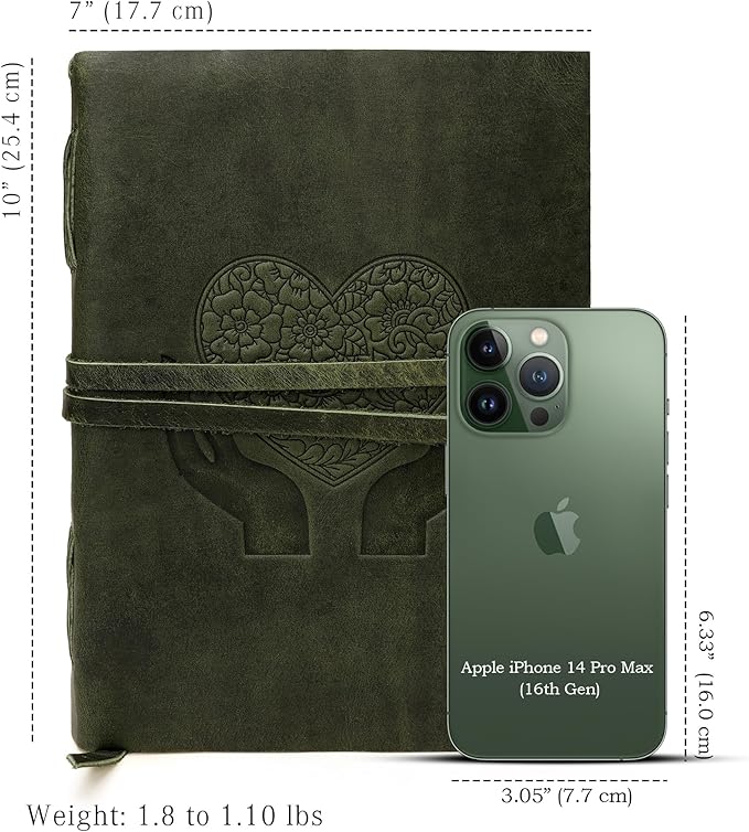 LUXEORIA Heart Journal for Women and Men, Handcrafted Leather Journal for Writing Womens, Sketchbook, Travel Diary with Unlined Deckle Paper, Dark Green 7x10