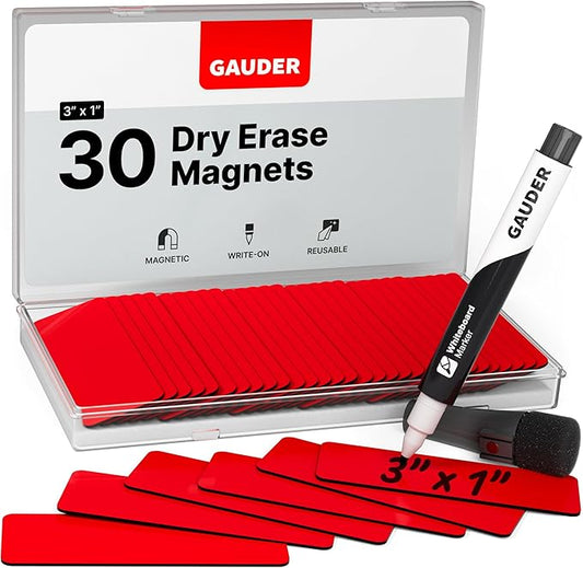 GAUDER Magnetic Dry Erase Labels | 30x Magnetic Labels (3 Inches x 1 Inch) | Dry Erase Magnets for Classroom, Whiteboard and Blackboard