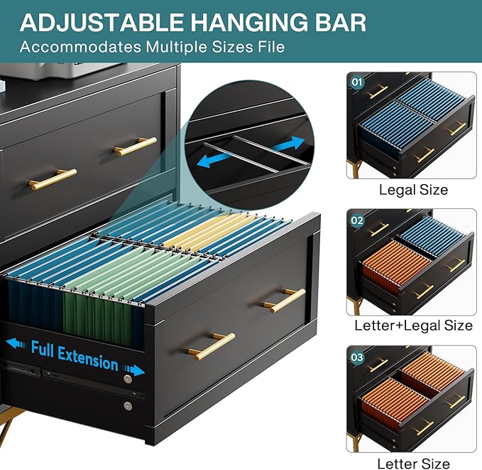 Tribesigns 2 Drawer File Cabinet, Modern Wood Lateral Filing Cabinet for Letter/Legal/A4 Size, Large File Storage Cabinets Printer Stand with Storage for Home Office, Black and Gold