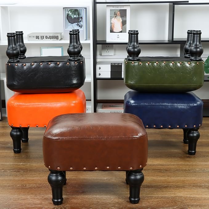 Ottoman Leather Foot Rest with Thicker Foam Padded Seat, Footstool with Wooden Legs (Brown)