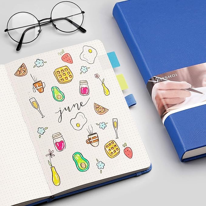 EMSHOI A5 Dotted Journal - 256 Pages with 120gsm Thick Dot Grid Paper, Hardcover Leather Dotted Notebook, 16 Perforated Pages, Pen Loop & Inner Pocket, for Bullet Journaling, 5.75” x 8.38”, Blue